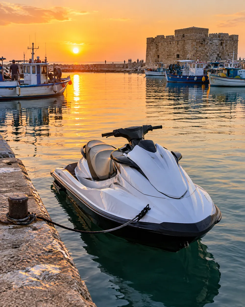 A jet ski waiting at the harbour of Paphos at sunset