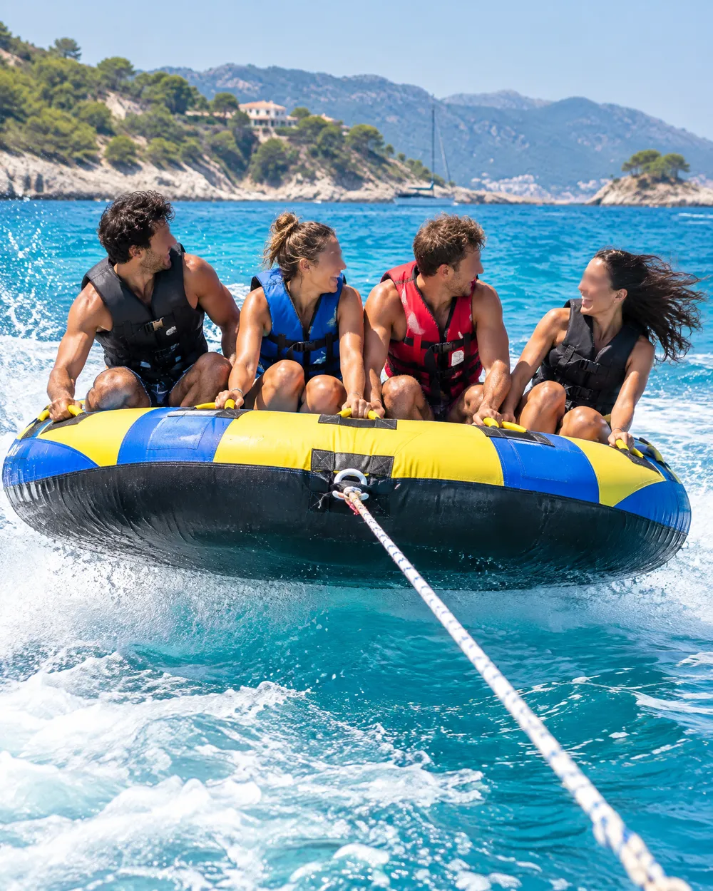 Friends laughing on an inflatable ring towed over the waves