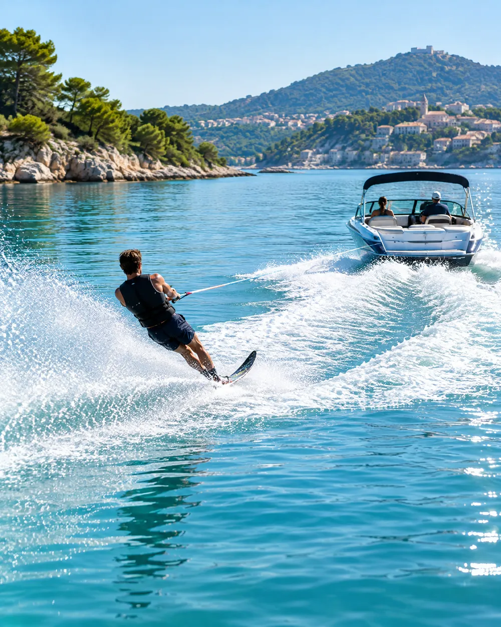 A water skier crossing the wake behind a boat